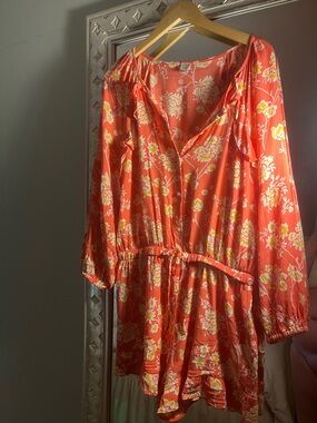 Women's Coral Floral Drawstring Shorts Romper with Long Sleeves